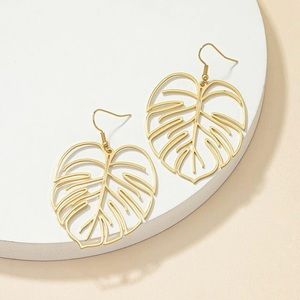 Monstera Leaf Tropical Palm Golden Contemporary Dangle Earrings